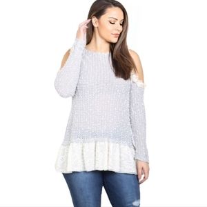 Floral Lace Sweater with Cut Out Sleeves Ribbon Back